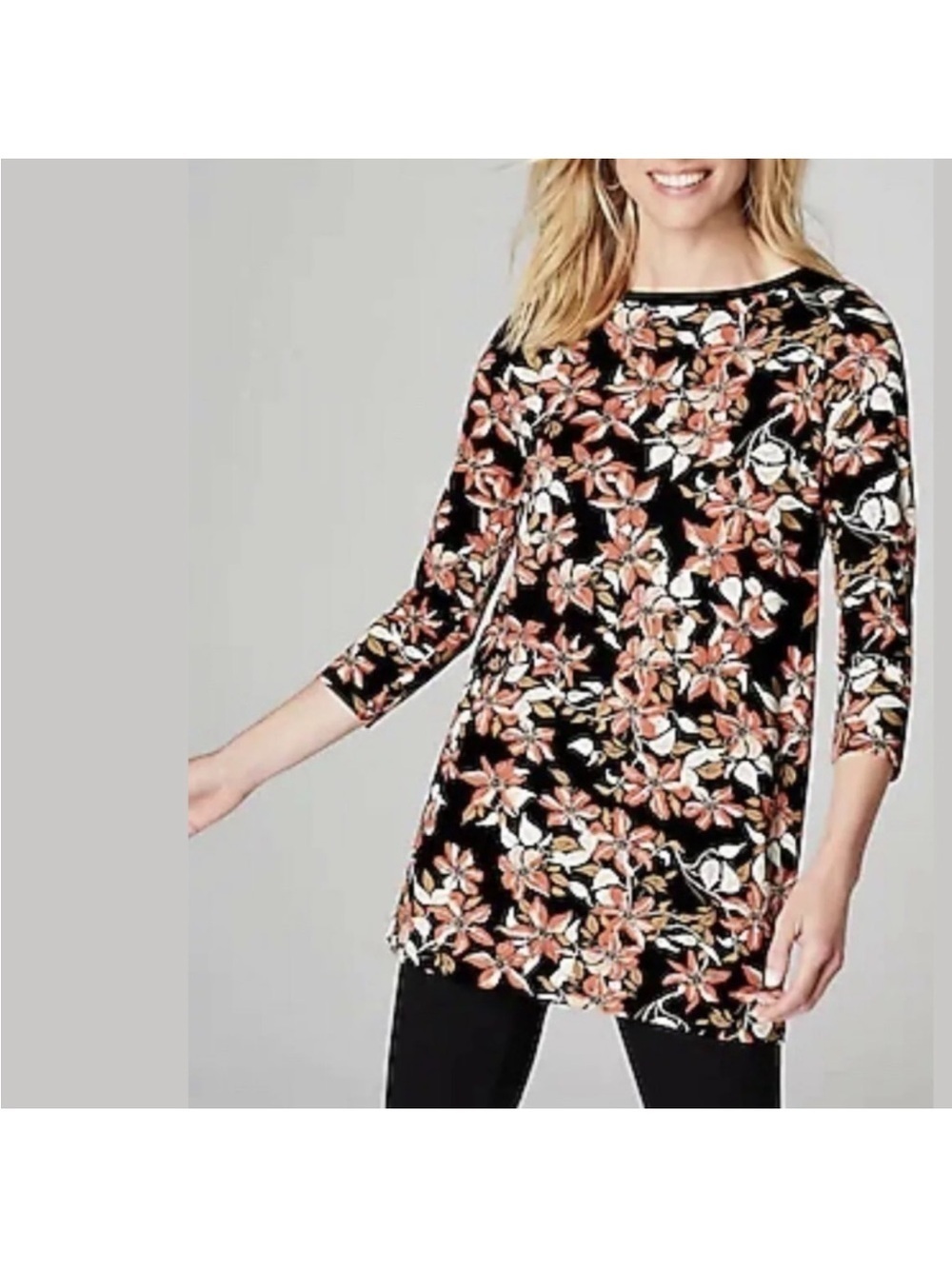 J Jill Wearever Collection Floral Tunic Top Black Red White 3/4 Sleeve XS Petite